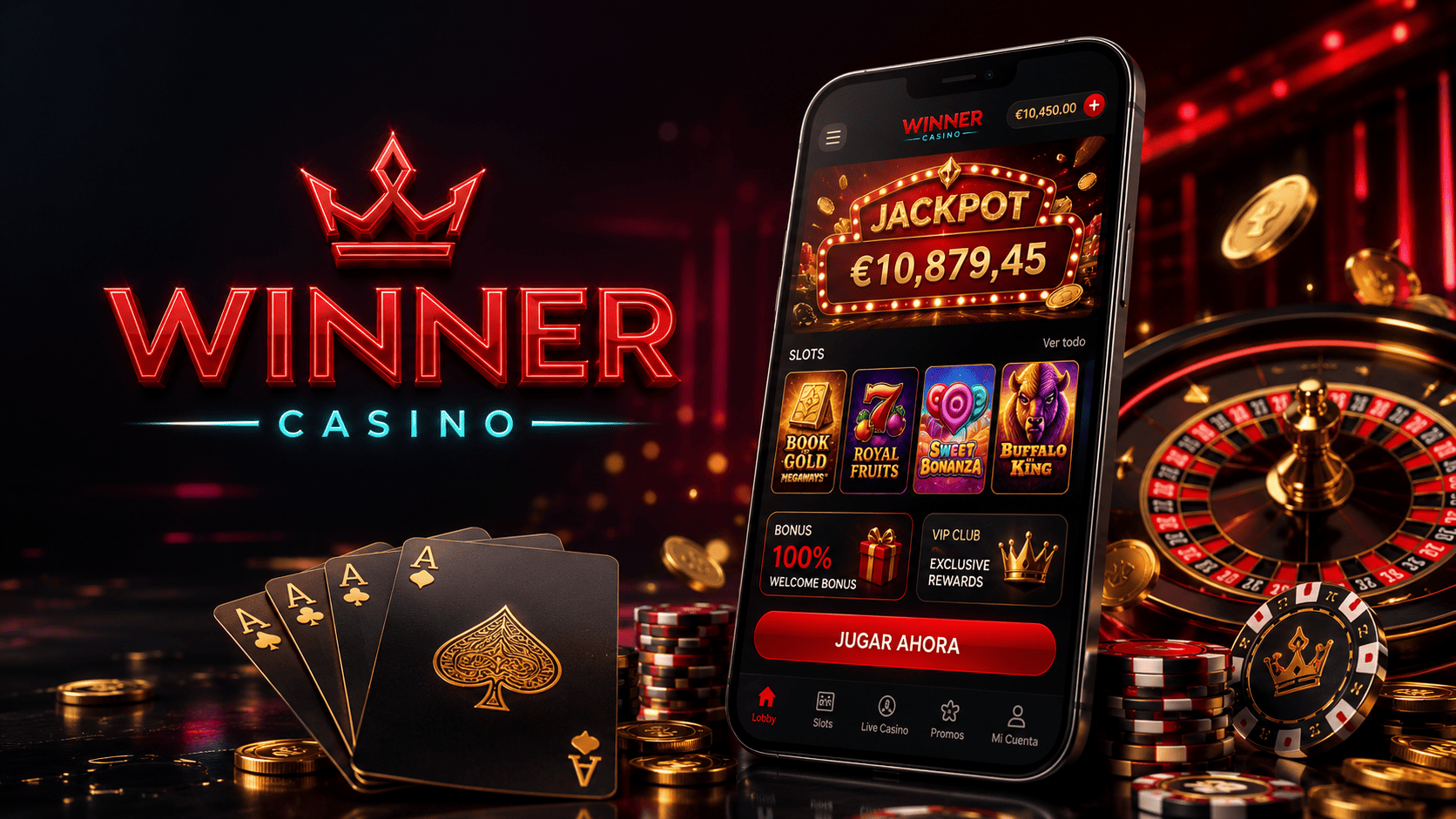 Página principal de Winner Casino con ruleta y móvil